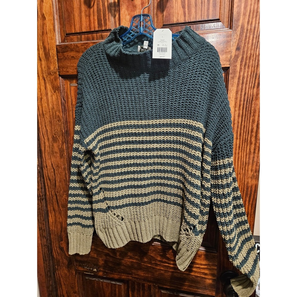 Wonderly Women Pine Green Striped Mockneck Waffle Knit Sweater MDMP800 NWT L